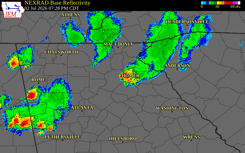 NEXRAD radar during the Thursday, July 2, 2026 storm activity in Banks County, Georgia