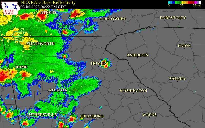 NEXRAD radar during the Friday, July 3, 2026 storm activity in Banks County, Georgia