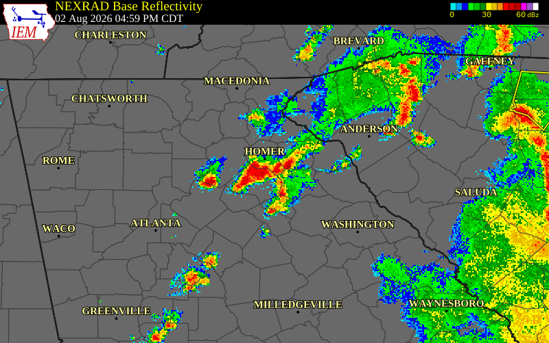 NEXRAD radar during the Sunday, August 2, 2026 storm activity in Banks County, Georgia