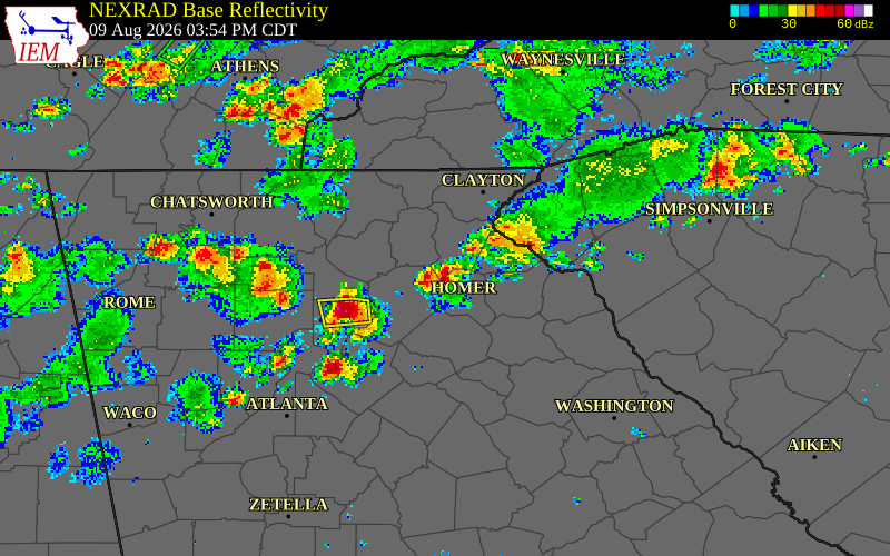 NEXRAD radar during the Sunday, August 9, 2026 storm activity in Banks County, Georgia
