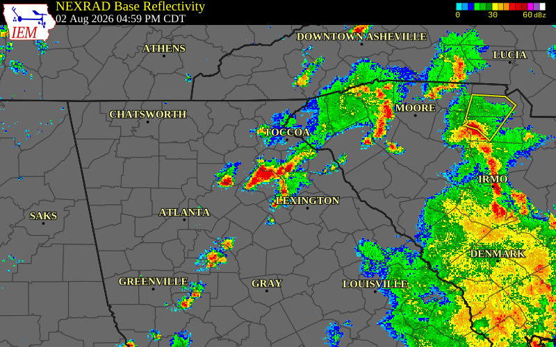 Radar snapshot during the Aug 2, 2026 wind event near Banks County, Banks County, Georgia, with NWS warning polygons