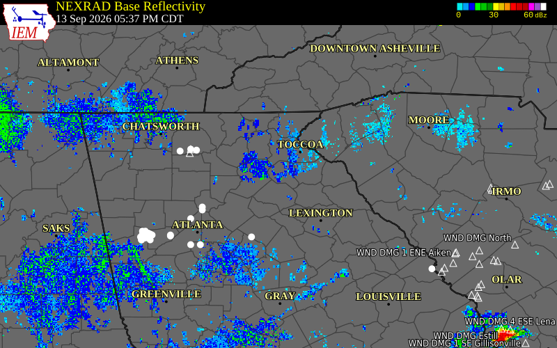 Current NEXRAD radar over Banks County, Georgia with recent storm report locations