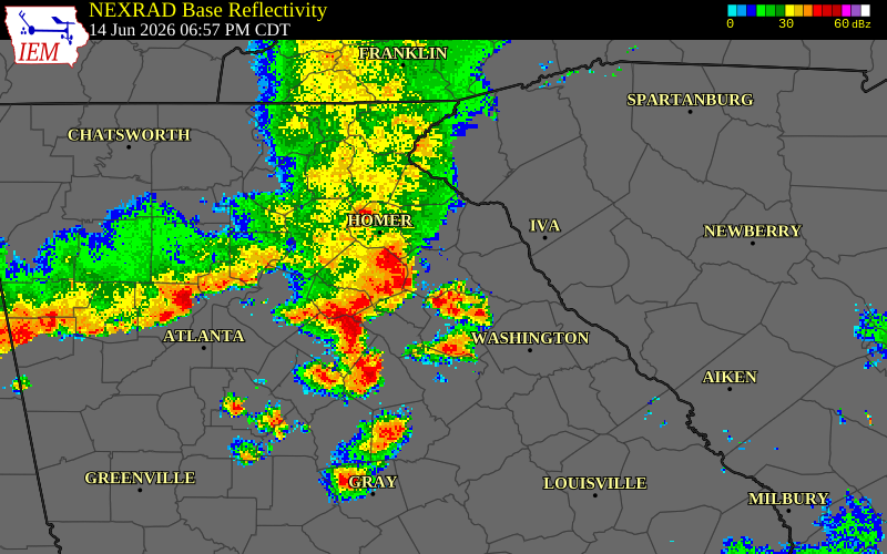 NEXRAD radar during the Sunday, June 14, 2026 storm activity in Barrow County, Georgia