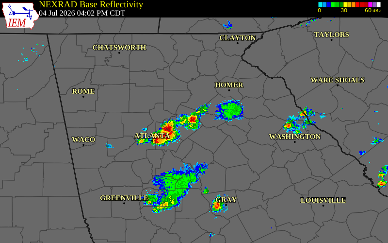 NEXRAD radar during the Saturday, July 4, 2026 storm activity in Barrow County, Georgia