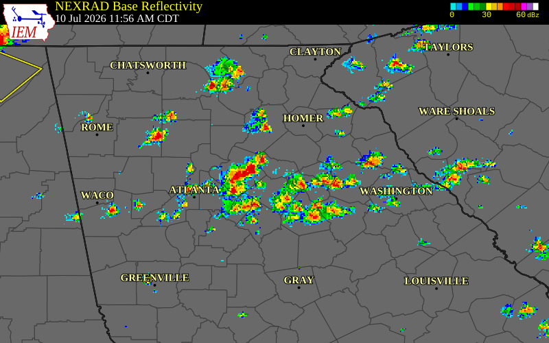 NEXRAD radar during the Friday, July 10, 2026 storm activity in Barrow County, Georgia