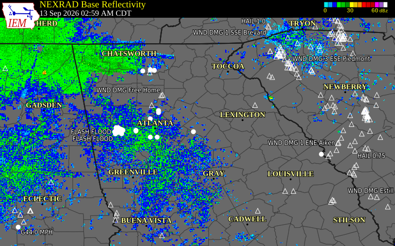 Current NEXRAD radar over Barrow County, Georgia with recent storm report locations