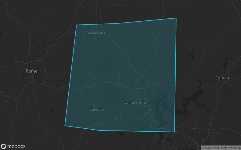 Map of Bartow County, Georgia showing the county boundary and surrounding cities