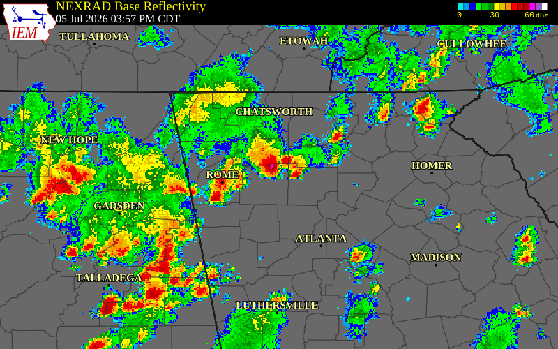 NEXRAD radar during the Sunday, July 5, 2026 storm activity in Bartow County, Georgia