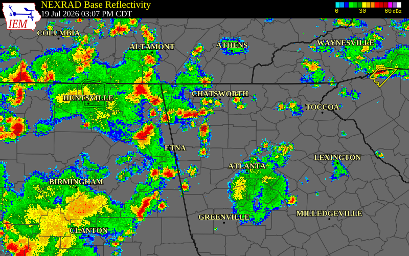Radar snapshot during the Jul 19, 2026 wind event near Bartow County, Bartow County, Georgia, with NWS warning polygons