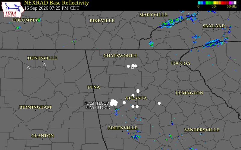 Current NEXRAD radar over Bartow County, Georgia with recent storm report locations
