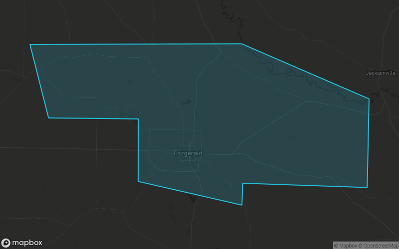 Map of Ben Hill County, Georgia showing the county boundary and surrounding cities