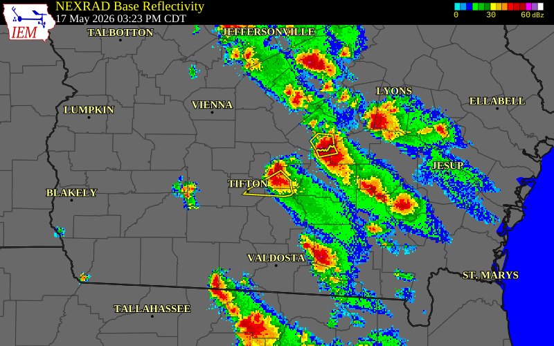 NEXRAD radar during the Sunday, May 17, 2026 storm activity in Ben Hill County, Georgia