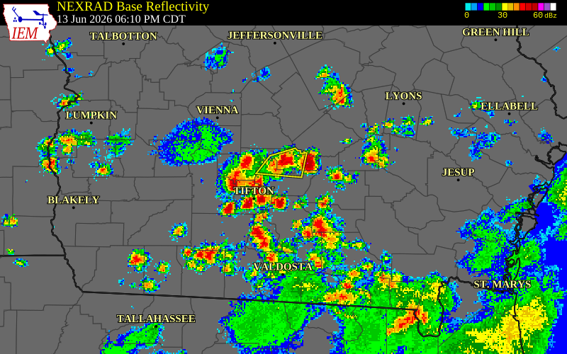 NEXRAD radar during the Saturday, June 13, 2026 storm activity in Ben Hill County, Georgia