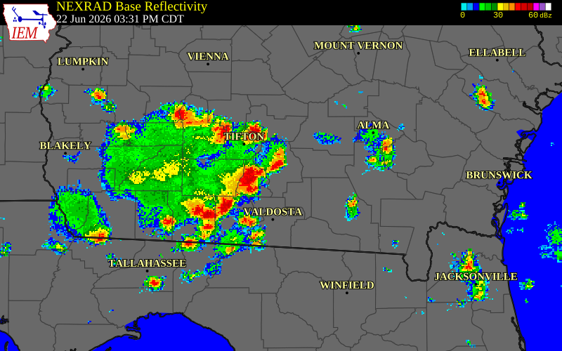 NEXRAD radar during the Monday, June 22, 2026 storm activity in Ben Hill County, Georgia