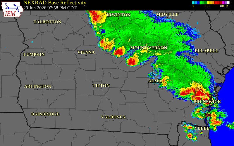 NEXRAD radar during the Monday, June 29, 2026 storm activity in Ben Hill County, Georgia