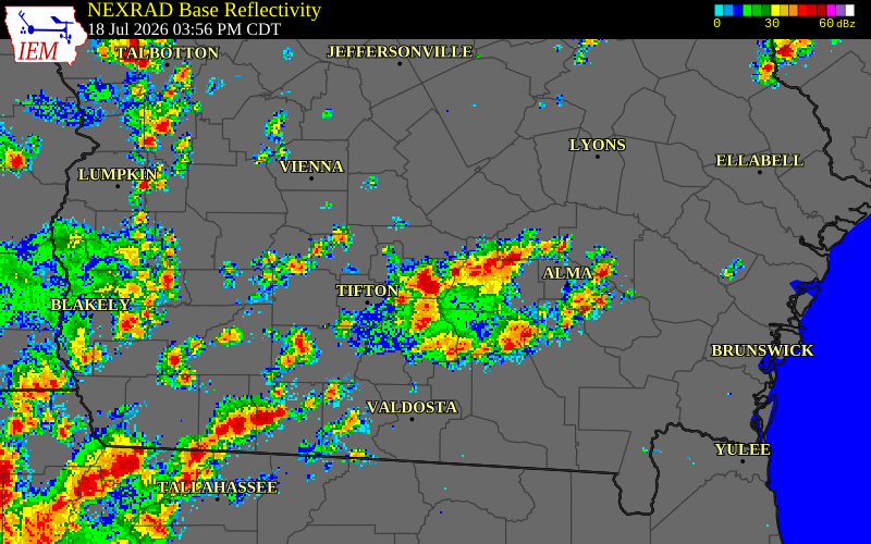 NEXRAD radar during the Saturday, July 18, 2026 storm activity in Ben Hill County, Georgia
