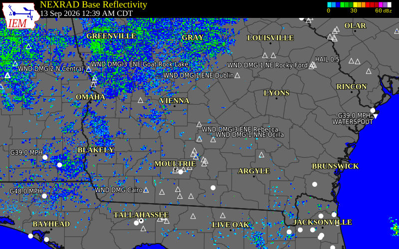 Current NEXRAD radar over Ben Hill County, Georgia with recent storm report locations