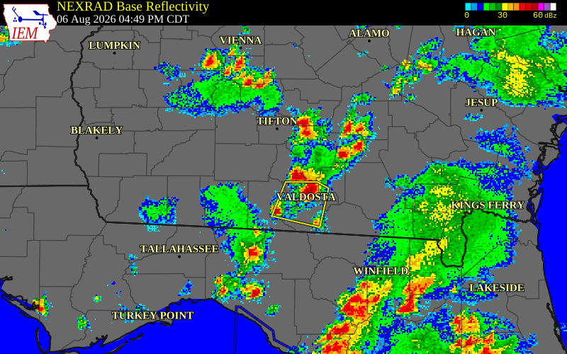 NEXRAD radar during the Thursday, August 6, 2026 storm activity in Berrien County, Georgia