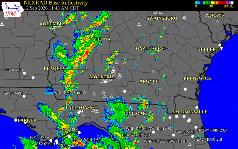 Current NEXRAD radar over Berrien County, Georgia with recent storm report locations