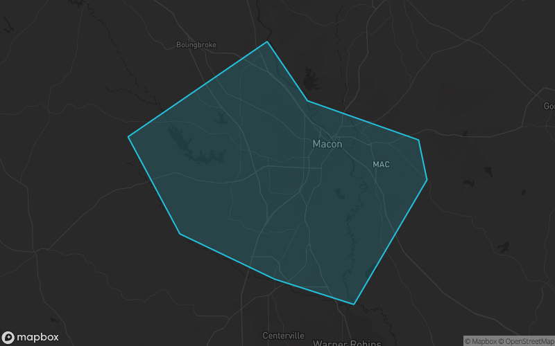 Map of Bibb County, Georgia showing the county boundary and surrounding cities