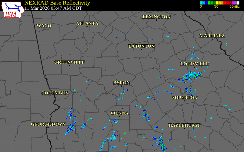 NEXRAD radar during the Wednesday, March 11, 2026 storm activity in Bibb County, Georgia