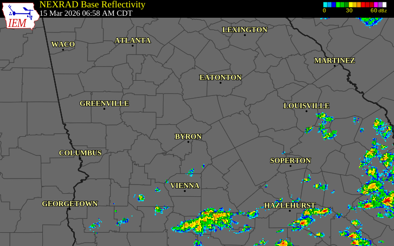 NEXRAD radar during the Sunday, March 15, 2026 storm activity in Bibb County, Georgia