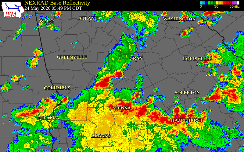 NEXRAD radar during the Sunday, May 24, 2026 storm activity in Bibb County, Georgia