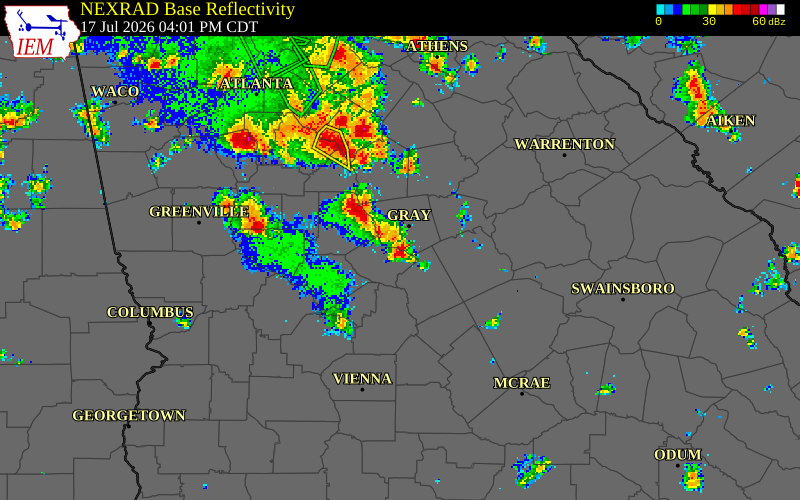 NEXRAD radar during the Friday, July 17, 2026 storm activity in Bibb County, Georgia