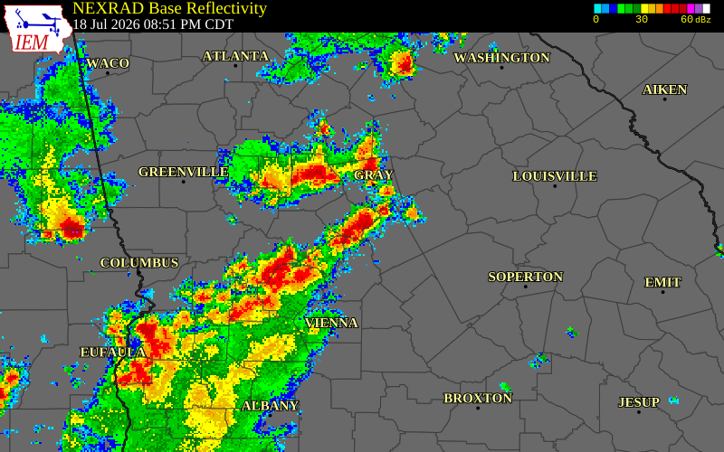 NEXRAD radar during the Saturday, July 18, 2026 storm activity in Bibb County, Georgia