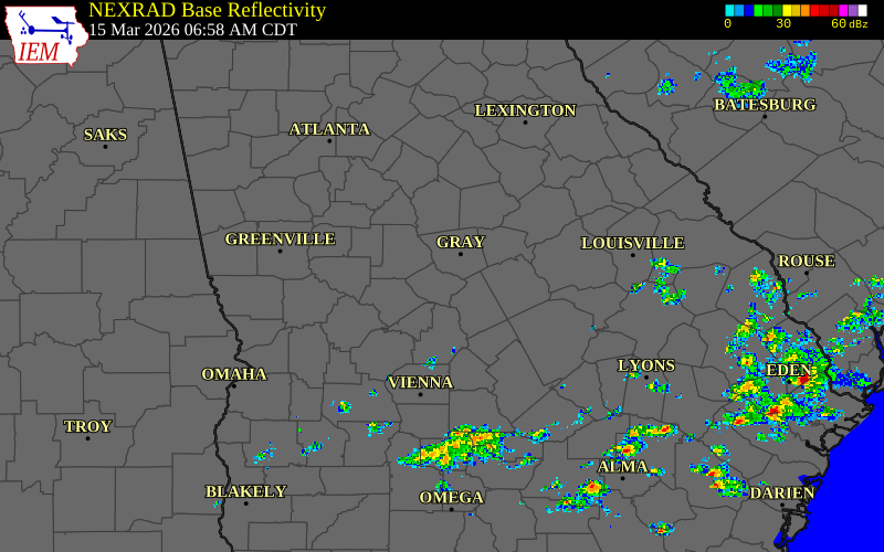 Radar snapshot during the Mar 15, 2026 tornado event near 2 ENE Payne City, Bibb County, Georgia, with NWS warning polygons