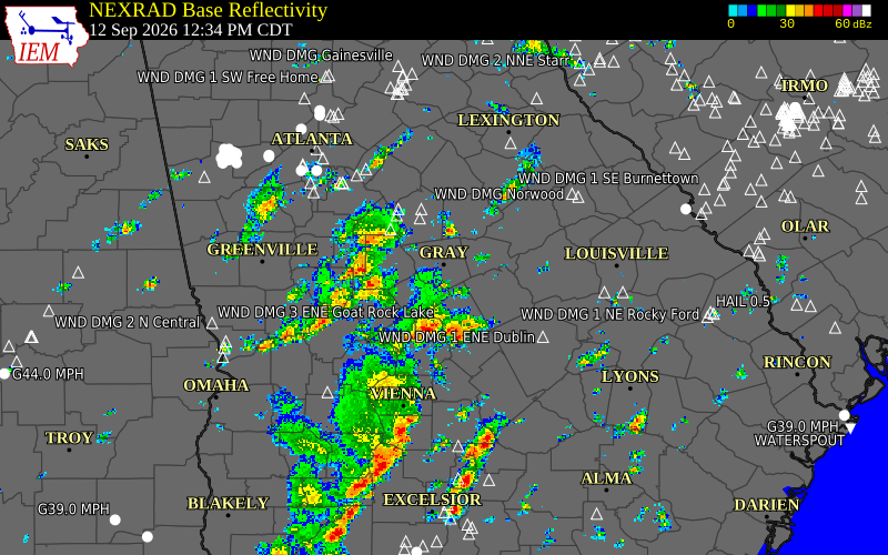 Current NEXRAD radar over Bibb County, Georgia with recent storm report locations