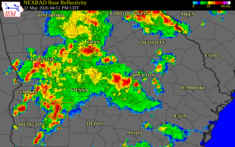 NEXRAD radar during the Friday, May 22, 2026 storm activity in Bleckley County, Georgia