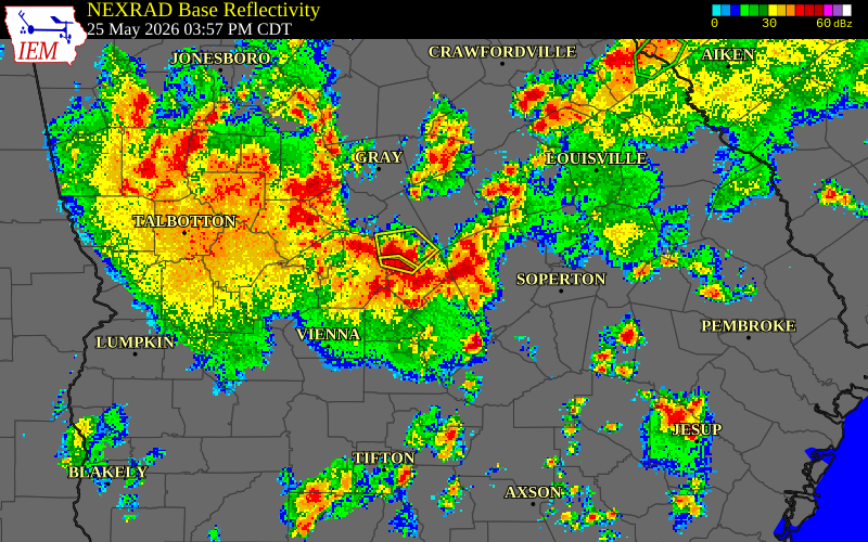 NEXRAD radar during the Monday, May 25, 2026 storm activity in Bleckley County, Georgia