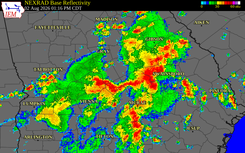 NEXRAD radar during the Sunday, August 2, 2026 storm activity in Bleckley County, Georgia