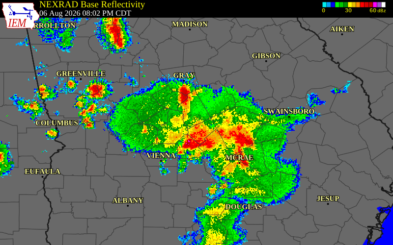 NEXRAD radar during the Thursday, August 6, 2026 storm activity in Bleckley County, Georgia