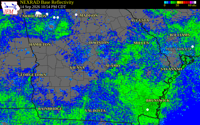 Current NEXRAD radar over Bleckley County, Georgia with recent storm report locations