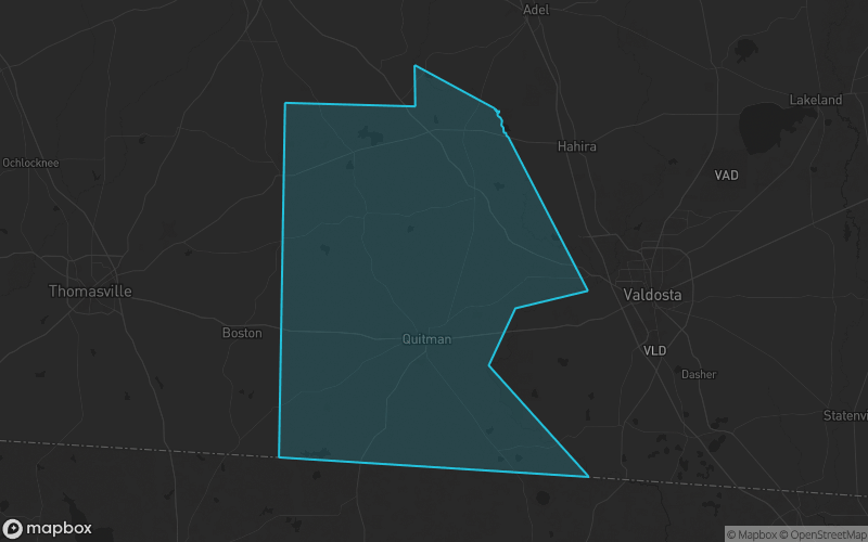 Map of Brooks County, Georgia showing the county boundary and surrounding cities