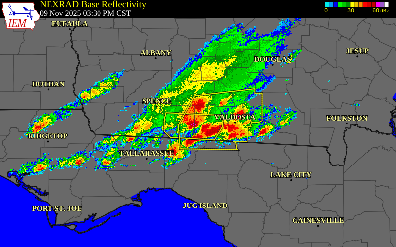 NEXRAD radar during the Sunday, November 9, 2025 storm activity in Brooks County, Georgia