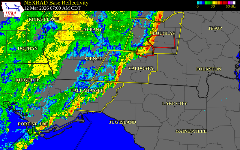 NEXRAD radar during the Thursday, March 12, 2026 storm activity in Brooks County, Georgia