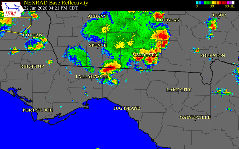NEXRAD radar during the Monday, June 22, 2026 storm activity in Brooks County, Georgia