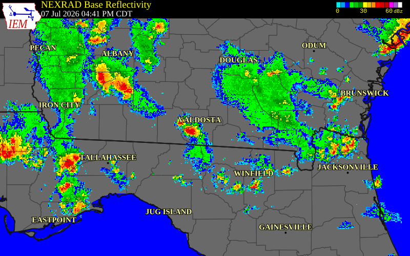 NEXRAD radar during the Tuesday, July 7, 2026 storm activity in Brooks County, Georgia