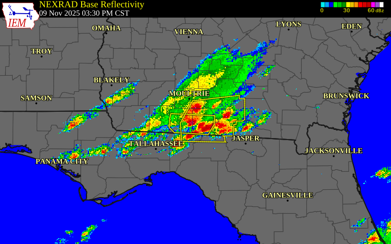 Radar snapshot during the Nov 9, 2025 hail event near 2 ESE Oaklawn, Brooks County, Georgia, with NWS warning polygons