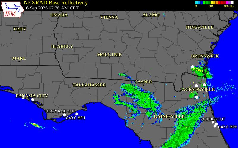 Current NEXRAD radar over Brooks County, Georgia with recent storm report locations