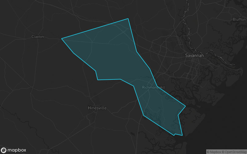 Map of Bryan County, Georgia showing the county boundary and surrounding cities