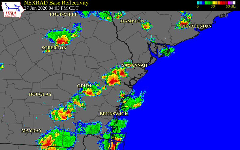 NEXRAD radar during the Saturday, June 27, 2026 storm activity in Bryan County, Georgia