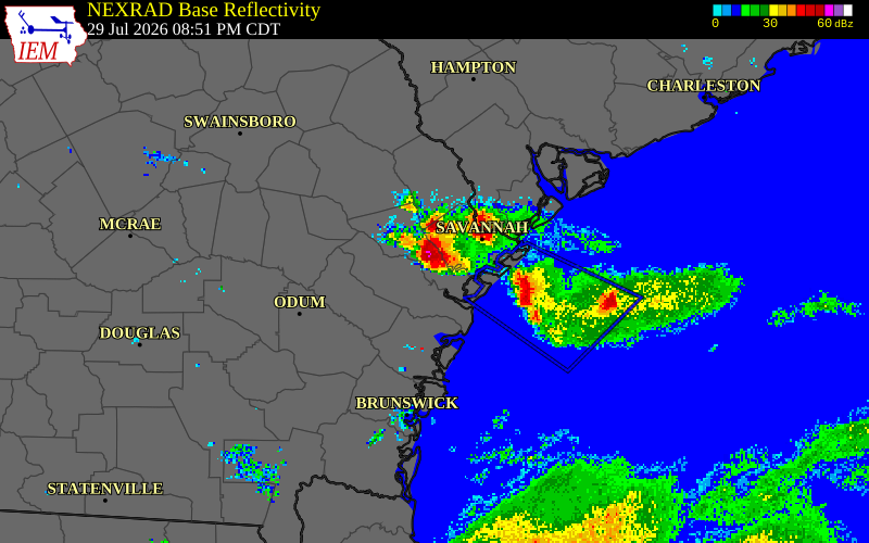 NEXRAD radar during the Wednesday, July 29, 2026 storm activity in Bryan County, Georgia