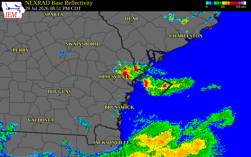 Radar snapshot during the Jul 29, 2026 wind event near Bryan County, Bryan County, Georgia, with NWS warning polygons