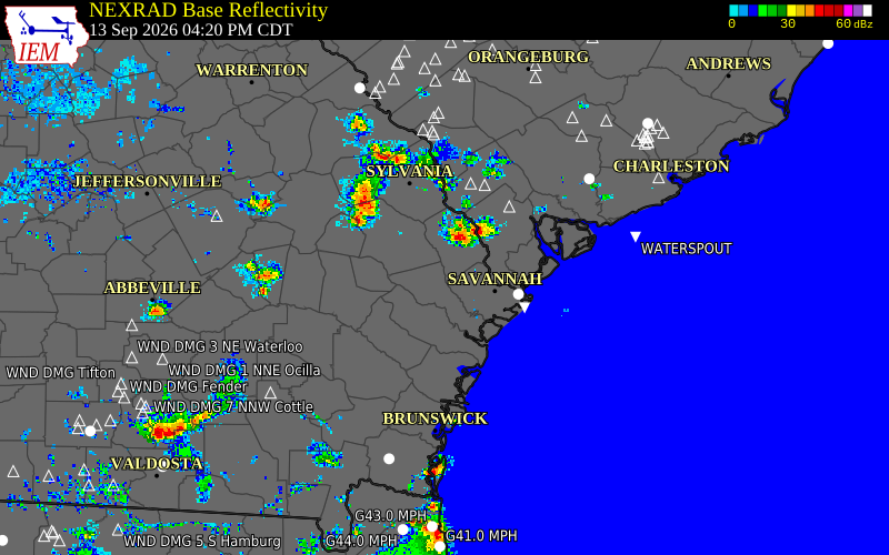 Current NEXRAD radar over Bryan County, Georgia with recent storm report locations