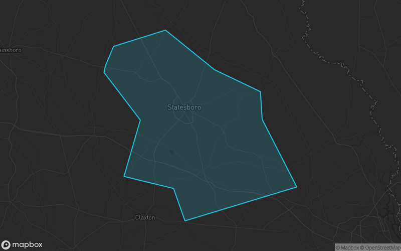 Map of Bulloch County, Georgia showing the county boundary and surrounding cities
