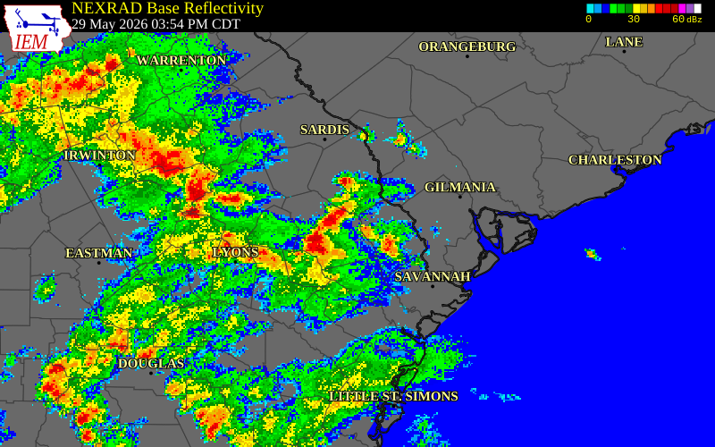 NEXRAD radar during the Friday, May 29, 2026 storm activity in Bulloch County, Georgia